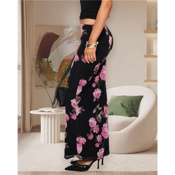 Women's Maxi Skirt Mesh Floral Print Black x Pink - Picture 4 of 6